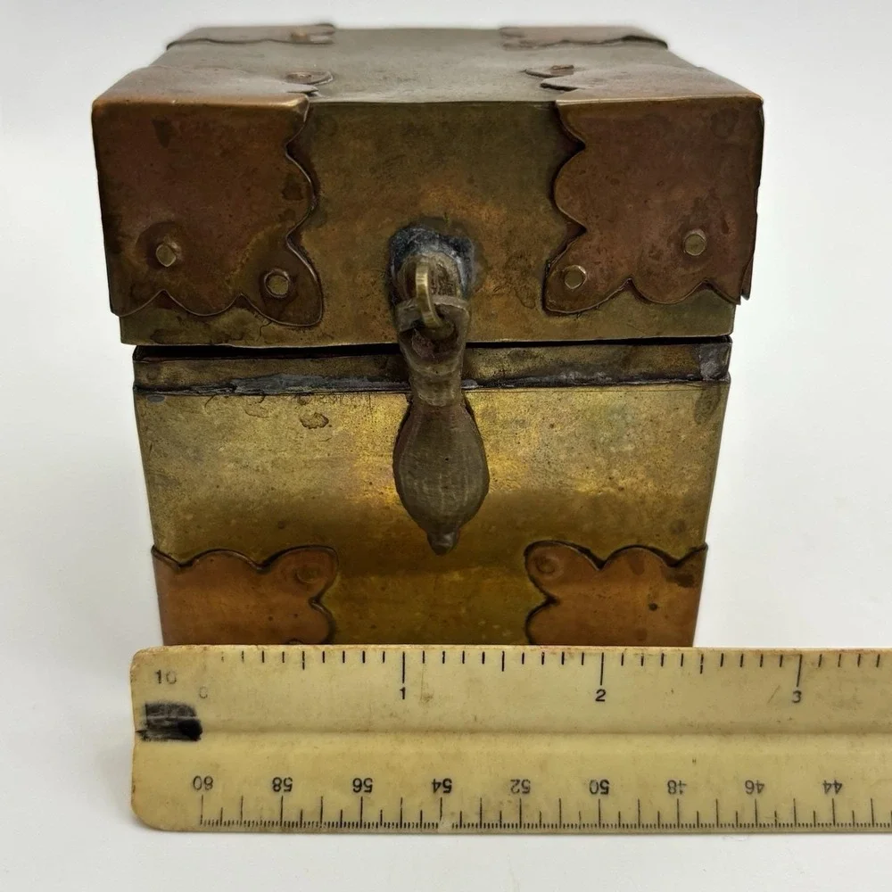 Vtg Brass‎ Copper Box Wood Lined  Hand Crafted Brass Fitted Made In India Patina